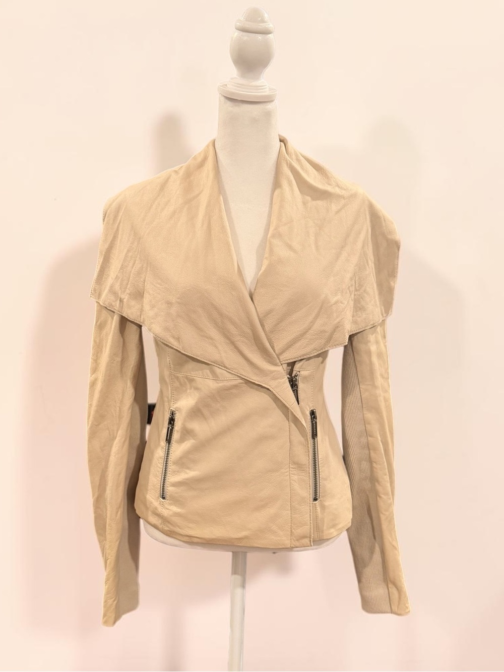 Vince Beige Leather Draped Moto Jacket Size Small